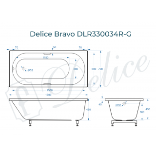Ванна из литьевого мрамора Delice Bravo DLR330034R-G 170x70 глянцевая с ручками хром