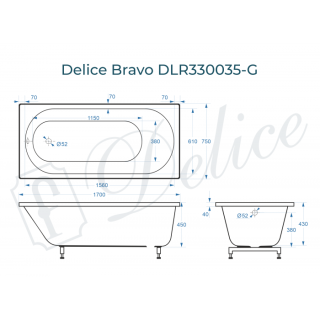 Ванна из литьевого мрамора Delice Bravo DLR330035-G 170x75 см глянцевая