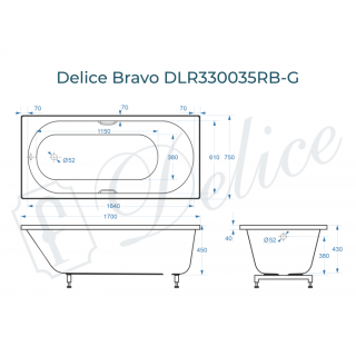 Ванна из литьевого мрамора Delice Bravo DLR330035RB-G 170x75 глянцевая с чёрными ручками
