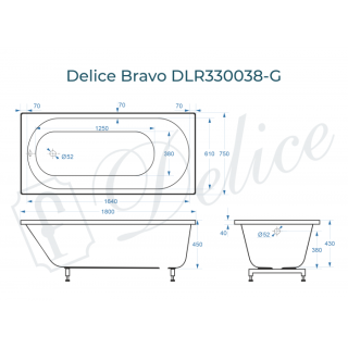 Ванна из литьевого мрамора Delice Bravo DLR330038-G 180x75 глянцевая