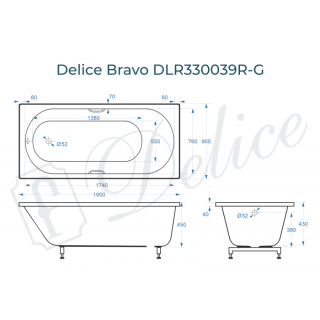 Ванна из литьевого мрамора Delice Bravo DLR330039R-G 190x90 глянцевая с ручками хром