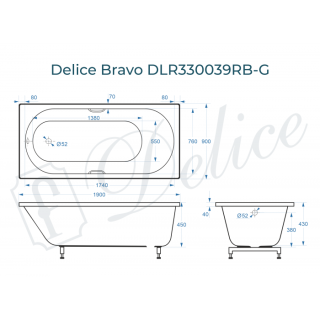 Ванна из литьевого мрамора Delice Bravo DLR330039RB-G 190x90 глянцевая с чёрными ручками