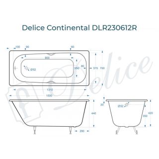 Ванна чугунная Delice Continental DLR230612R 150x70 с отверстиями под ручки Ванна чугунная Delice Continental DLR230612R 150x70 с отверстиями под ручки