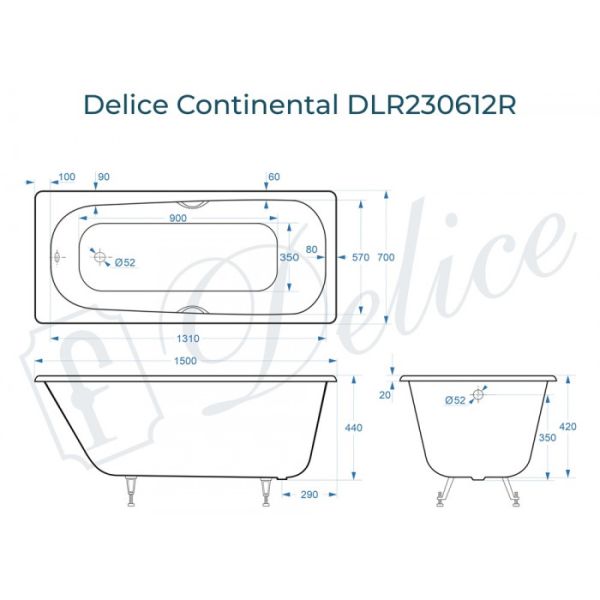 Ванна чугунная Delice Continental DLR230612R 150x70 с отверстиями под ручки Ванна чугунная Delice Continental DLR230612R 150x70 с отверстиями под ручки
