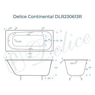 Ванна чугунная Delice Continental DLR230613R 170x70 с отверстиями под ручки Ванна чугунная Delice Continental DLR230613R 170x70 с отверстиями под ручки