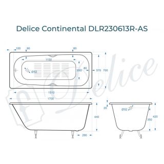 Ванна чугунная Delice Continental DLR230613R-AS 170x70 с отверстиями под ручки и антискользящим покрытием Ванна чугунная Delice Continental DLR230613R-AS 170x70 с отверстиями под ручки и антискользящим покрытием