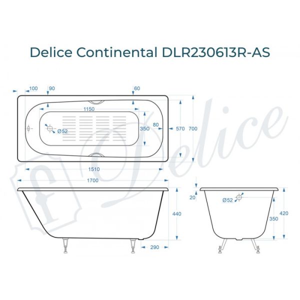 Ванна чугунная Delice Continental DLR230613R-AS 170x70 с отверстиями под ручки и антискользящим покрытием Ванна чугунная Delice Continental DLR230613R-AS 170x70 с отверстиями под ручки и антискользящим покрытием