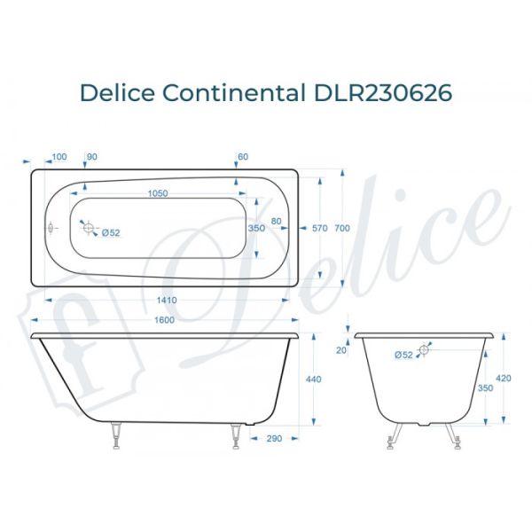 Чугунная ванна 160x70 см Delice Continental DLR230626