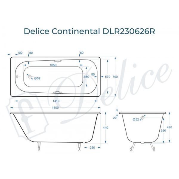 Ванна чугунная Delice Continental DLR230626R 160х70 с отверстиями под ручки Ванна чугунная Delice Continental DLR230626R 160х70 с отверстиями под ручки