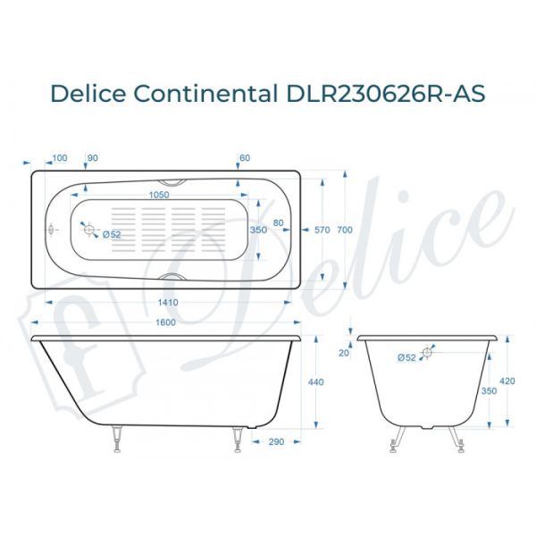 Ванна чугунная Delice Continental DLR230626R-AS 160х70 с отверстиями под ручки и антискользящим покрытием Ванна чугунная Delice Continental DLR230626R-AS 160х70 с отверстиями под ручки и антискользящим покрытием