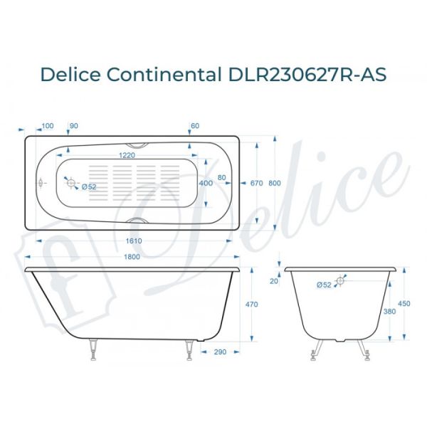 Ванна чугунная Delice Continental DLR230627R-AS 180х80 с отверстиями под ручки и антискользящим покрытием Ванна чугунная Delice Continental DLR230627R-AS 180х80 с отверстиями под ручки и антискользящим покрытием