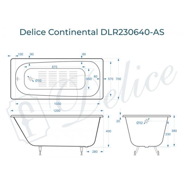 Ванна чугунная Delice Continental DLR230640-AS 120х70 с антискользящим покрытием