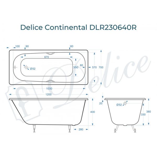 Ванна чугунная Delice Continental 120х70 с отверстиями под ручки
