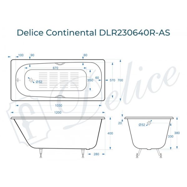 Ванна чугунная Delice Continental DLR230640R-AS 120х70 с отверстиями под ручки и антискользящим покрытием