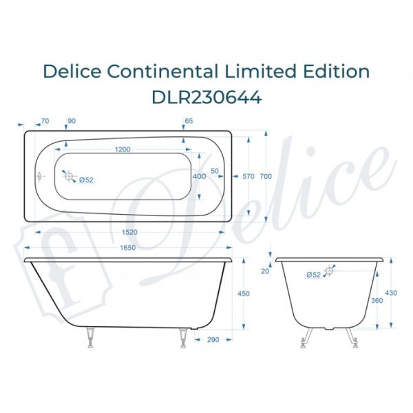 Ванна чугунная Delice Continental Limited Edition DLR230644-AS 165х70 с антискользящим покрытием