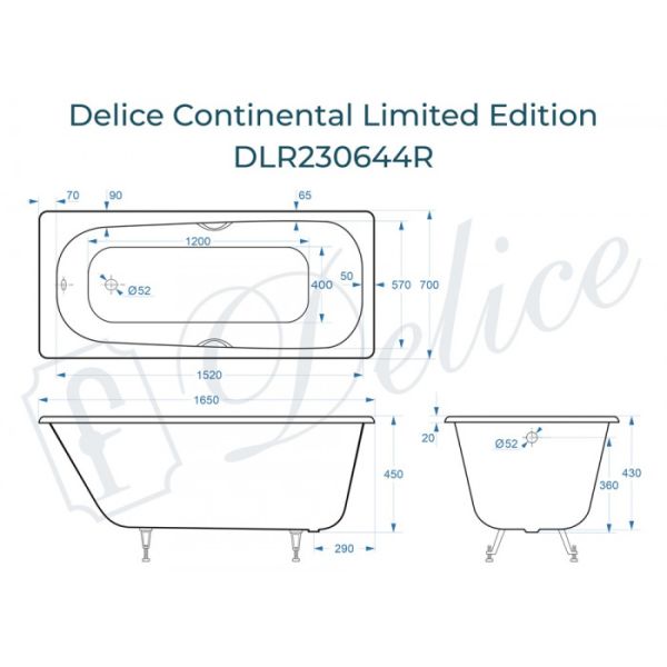 Ванна чугунная Delice Continental Limited Edition DLR230644R-AS 165х70 с отверстиями под ручки и антискользящим покрытием Ванна чугунная Delice Continental Limited Edition DLR230644R-AS 165х70 с отверстиями под ручки и антискользящим покрытием