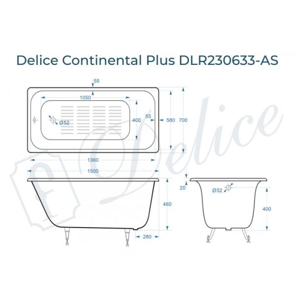 Ванна чугунная Delice Continental PLUS DLR230633-AS с антискользящим покрытием 150х70 см