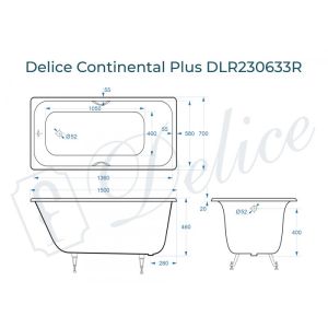 Ванна чугунная Delice Continental PLUS DLR230633R-AS с отверстиями под ручки и антискользящим покрытием 150х70 см