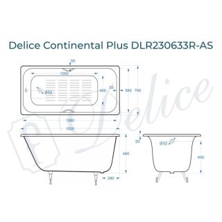 Ванна чугунная Delice Continental PLUS DLR230633R-AS с отверстиями под ручки и антискользящим покрытием 150х70 см Ванна чугунная Delice Continental PLUS DLR230633R-AS с отверстиями под ручки и антискользящим покрытием 150х70 см