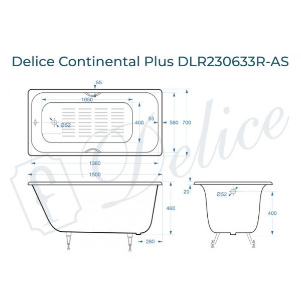 Ванна чугунная Delice Continental PLUS DLR230633R-AS с отверстиями под ручки и антискользящим покрытием 150х70 см Ванна чугунная Delice Continental PLUS DLR230633R-AS с отверстиями под ручки и антискользящим покрытием 150х70 см
