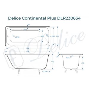 Ванна чугунная Delice Continental PLUS DLR230634-AS с антискользящим покрытием 170х70 см