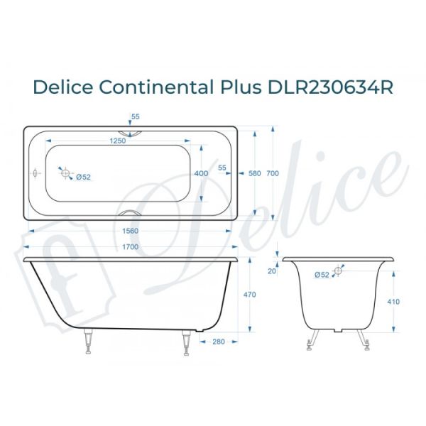 Ванна чугунная Delice Continental PLUS DLR230634R с отверстиями под ручки 170х70 см