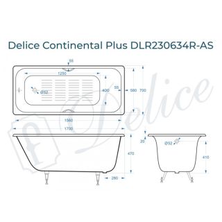 Ванна чугунная Delice Continental PLUS DLR230634R-AS с отверстиями под ручки и антискользящим покрытием 170х70 см Ванна чугунная Delice Continental PLUS DLR230634R-AS с отверстиями под ручки и антискользящим покрытием 170х70 см