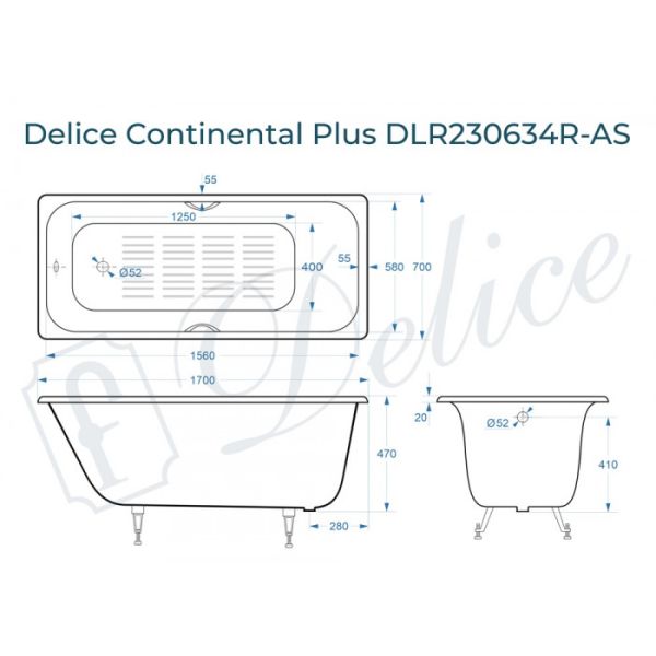 Ванна чугунная Delice Continental PLUS DLR230634R-AS с отверстиями под ручки и антискользящим покрытием 170х70 см Ванна чугунная Delice Continental PLUS DLR230634R-AS с отверстиями под ручки и антискользящим покрытием 170х70 см