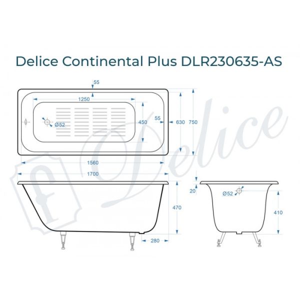Ванна чугунная Delice Continental PLUS DLR230635-AS с антискользящим покрытием 170х75 см