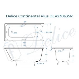 Ванна чугунная Delice Continental PLUS DLR230635R-AS с отверстиями под ручки и антискользящим покрытием 170х75 см