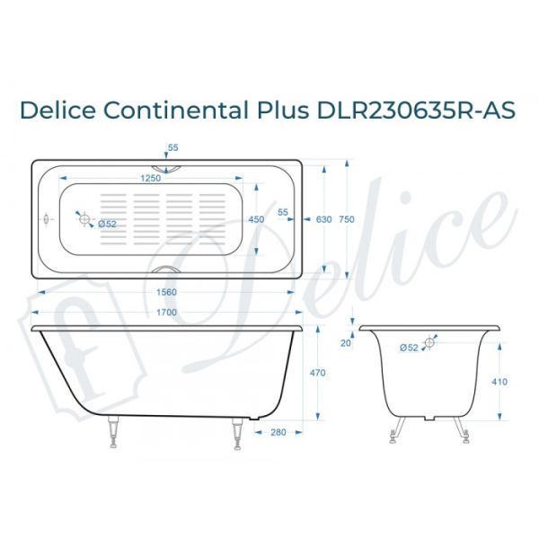 Ванна чугунная Delice Continental PLUS DLR230635R-AS с отверстиями под ручки и антискользящим покрытием 170х75 см