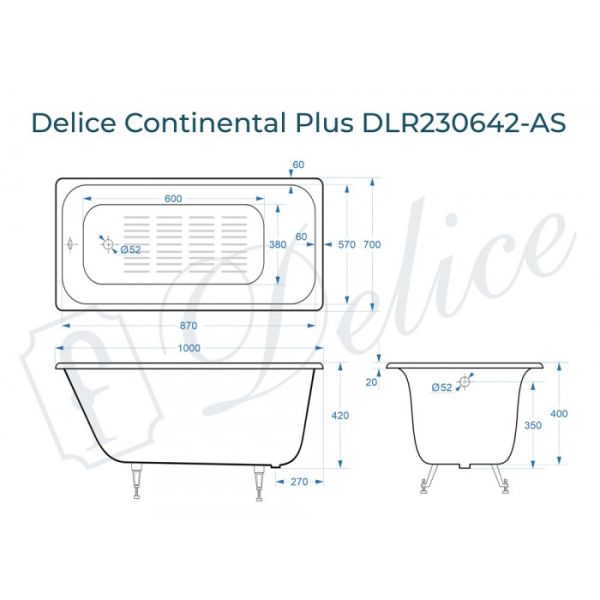 Ванна чугунная Delice Continental PLUS DLR230642-AS 100х70 с антискользящим покрытием