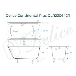 Ванна чугунная Delice Continental PLUS 100х70 с отверстиями под ручки Ванна чугунная Delice Continental PLUS 100х70 с отверстиями под ручки