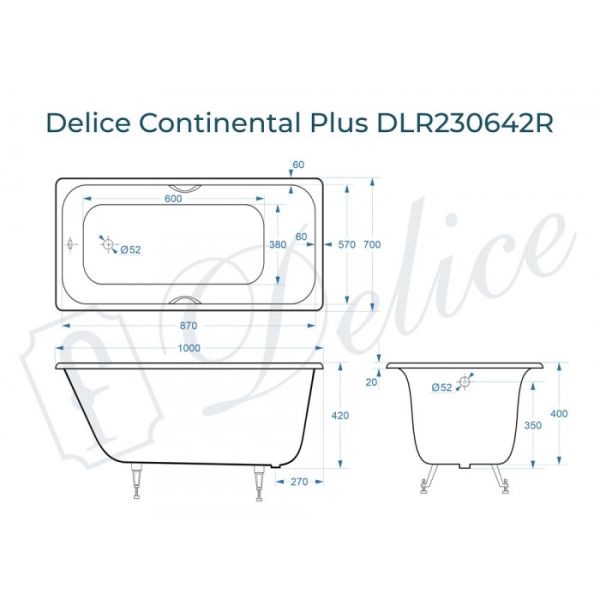 Ванна чугунная Delice Continental PLUS 100х70 с отверстиями под ручки