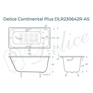 Ванна чугунная Delice Continental PLUS 100х70 с отверстиями под ручки и антискользящим покрытием Ванна чугунная Delice Continental PLUS 100х70 с отверстиями под ручки и антискользящим покрытием