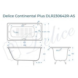 Ванна чугунная Delice Continental PLUS 100х70 с отверстиями под ручки