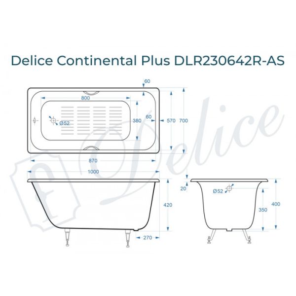 Ванна чугунная Delice Continental PLUS DLR230642-AS 100х70 с антискользящим покрытием
