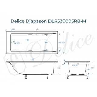 Ванна из литьевого мрамора Delice Diapason DLR330005RB-M 170x70 матовая с чёрными ручками