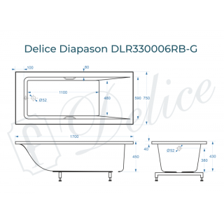 Ванна из литьевого мрамора Delice Diapason DLR330006RB-G 170x75 глянцевая с чёрными ручками