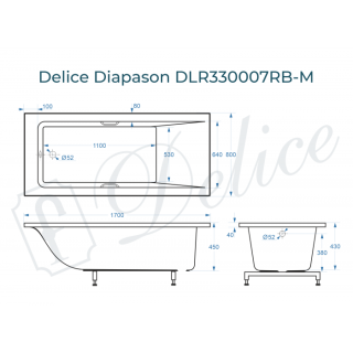 Ванна из литьевого мрамора Delice Diapason DLR330007RB-M 170x80 матовая с чёрными ручками