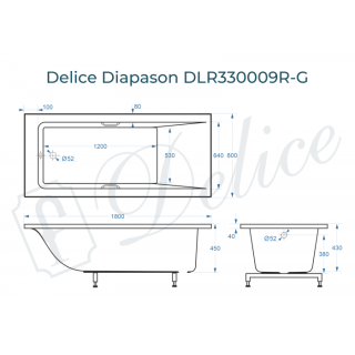 Ванна из литьевого мрамора Delice Diapason DLR330009R-G 180x80 глянцевая с ручками хром