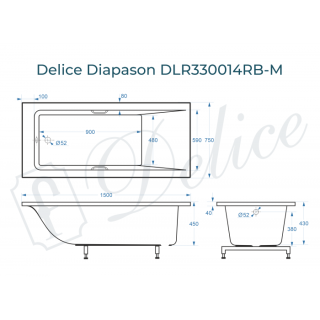 Ванна из литьевого мрамора Delice Diapason DLR330014RB-M 150x75 матовая с чёрными ручками