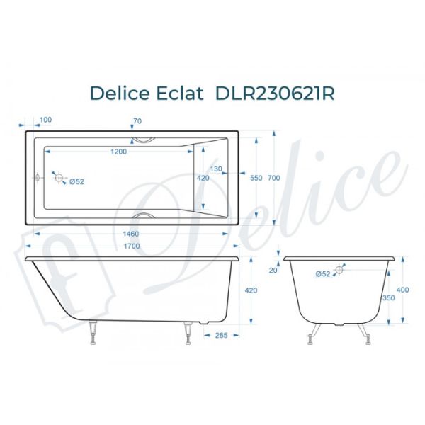 Ванна чугунная Delice Eclat DLR230621R 170х70 с отверстиями под ручки Ванна чугунная Delice Eclat DLR230621R 170х70 с отверстиями под ручки