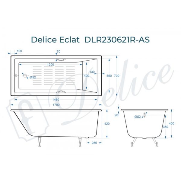 Ванна чугунная Delice Eclat DLR230621R-AS 170х70 с отверстиями под ручки и антискользящим покрытием Ванна чугунная Delice Eclat DLR230621R-AS 170х70 с отверстиями под ручки и антискользящим покрытием