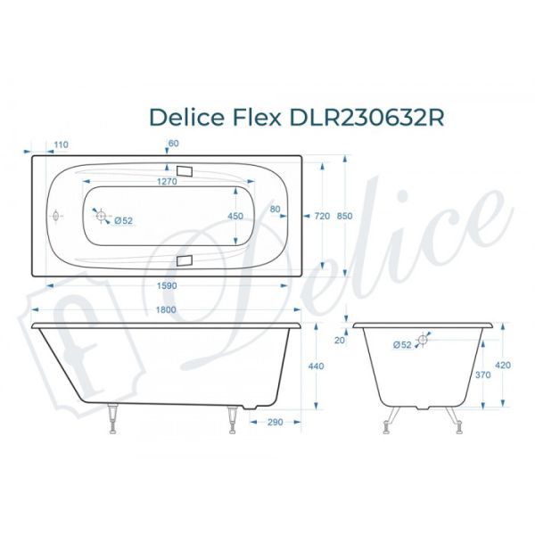 Ванна чугунная Delice Flex DLR230632R 180х85 с отверстиями под ручки