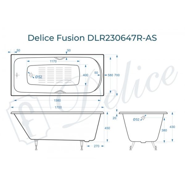 Ванна чугунная Delice Fusion DLR230647R-AS 170х70 с отверстиями под ручки и антискользящим покрытием Ванна чугунная Delice Fusion DLR230647R-AS 170х70 с отверстиями под ручки и антискользящим покрытием
