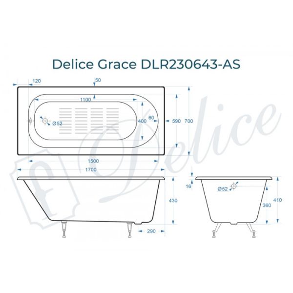Ванна чугунная Delice Grace DLR230643-AS 170х70 с антискользящим покрытием