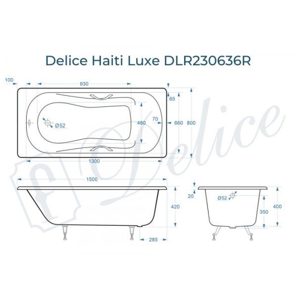Ванна чугунная Delice Haiti Luxe DLR230636R-AS 150х80 с отверстиями под ручки и антискользящим покрытием