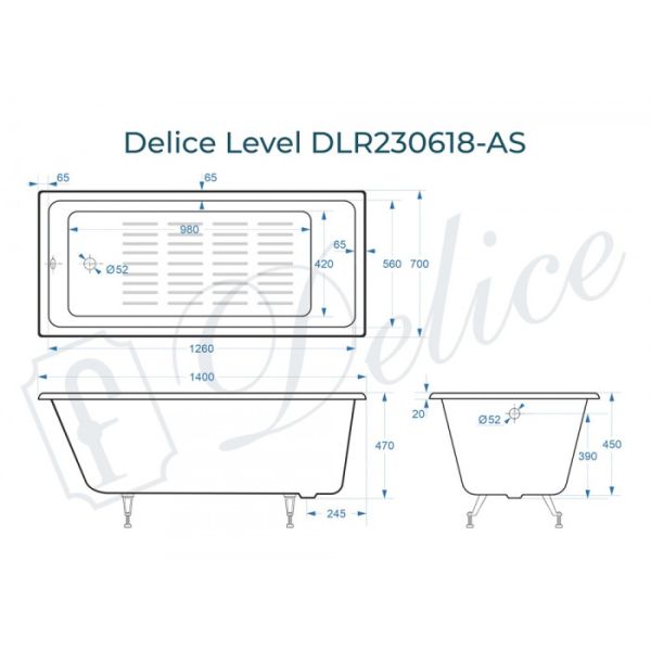 Ванна чугунная Delice Level  DLR230618-AS 140х70 с антискользящим покрытием Ванна чугунная Delice Level  DLR230618-AS 140х70 с антискользящим покрытием
