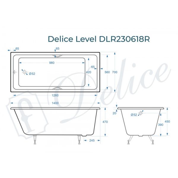 Ванна чугунная Delice Level DLR230618R 140х70 с отверстиями под ручки Ванна чугунная Delice Level DLR230618R 140х70 с отверстиями под ручки